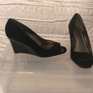 Black peep toe wedge heels
